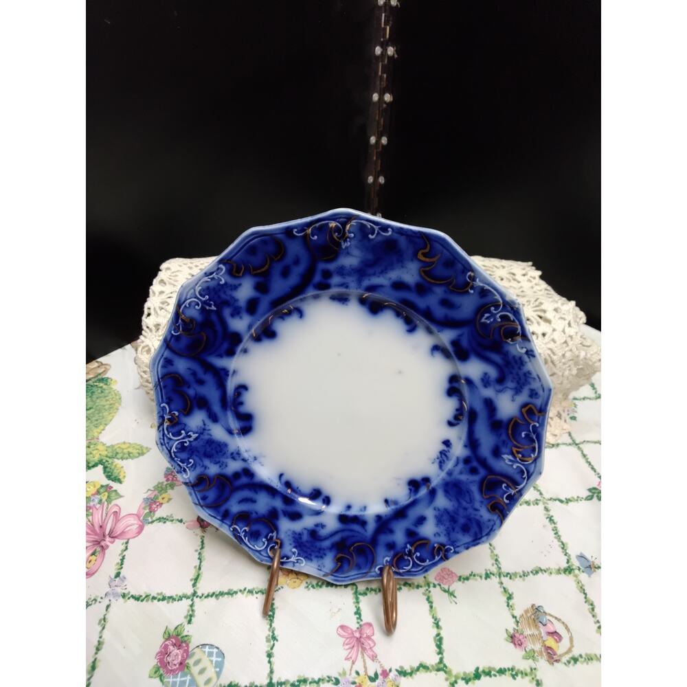 Flower Blue collectors plate by W H Grindley 1890's to 1915 England, Gold trim